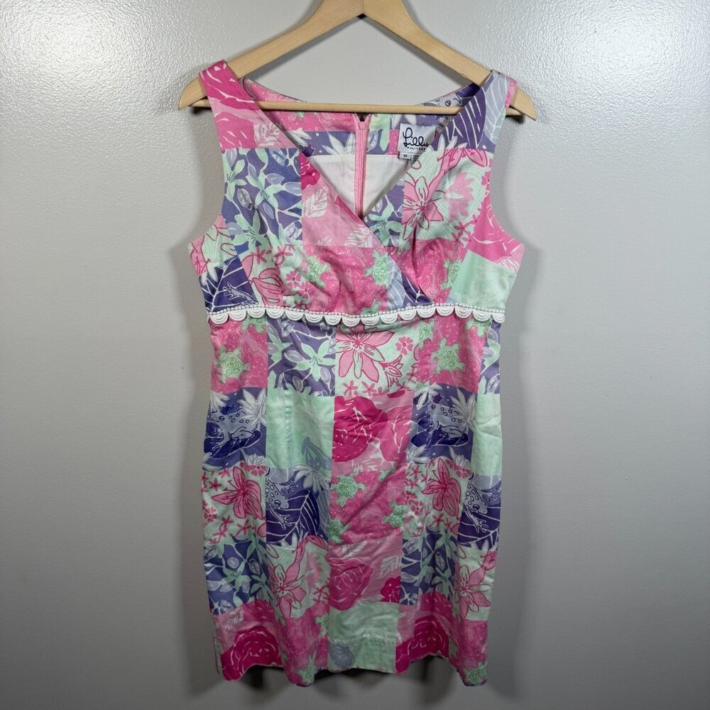VTG Lilly Pulitzer Sheath Dress Size 10 Frog Turtle Patchwork Preppy Palm Beach